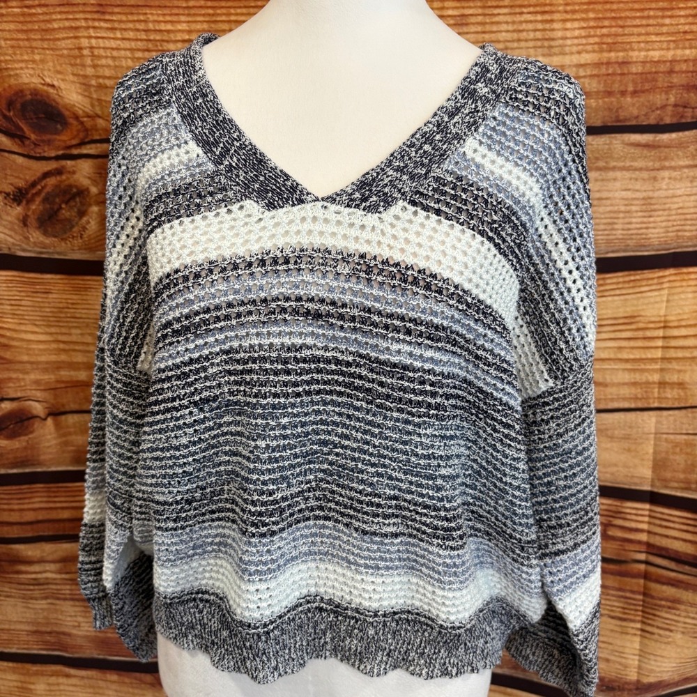 Lucky Brand Womens Loose Knit Blue Ombre Midriff Long Sleeve Sweater Size M